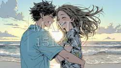 夕方の海辺でハグする（抱き合う）若い恋人たち｜143232-13685