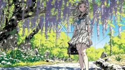 満開の藤の花の下を歩いている女子高生 | 1295902-7897