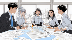 資料を見ながら打ち合わせをする会社員｜オフィスのビジネスミーティングイメージ | 1304204-17203