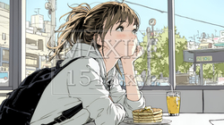 早朝のダイナー（喫茶店）でパンケーキ（モーニングセット）を食べる若い女性｜1178114-15638