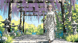 満開の藤の花の下を歩いている若い女性 | 1325684-7904