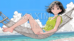 コピースペースを考えた青い空と青い海とハンモックと若い女性のイラスト