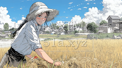 田んぼで農作業をしている女性 | 1383425-10563