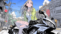 彼氏のバイクに腰掛ける若い女性