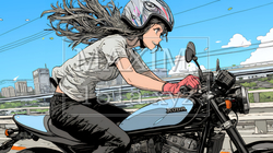 バイクに乗っている若い女性