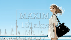 沖縄のヨットハーバーに立つ若い女性（シンプルな色使い） | 1399891-15233