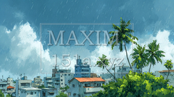 梅雨の沖縄風景｜南国の海と街並みを描いた水彩イラスト・雨季の観光イメージ | 140176-17753