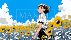 真夏の青空のもと、ヒマワリ畑を散策している若い女性｜1514032-9080