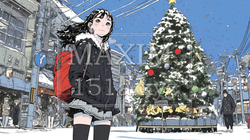ホワイトクリスマスの街を歩く若い女性 | 1410736-6634