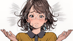 肩をすくめて困惑・諦めの仕草をしている若い女性 | 142711-14646
