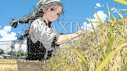 田んぼで農作業をしている女性