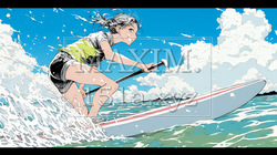 海でSUP（サップ）を楽しむ若い女性（ライフジャケットとリーシュコードの装着は必須だよ）｜爽やかなマリンスポーツ・夏のレジャーイラスト | 1440285-20481