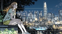 都市の夜景を眺めている女性 | 145591-13031
