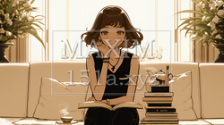 リビングで紅茶を飲んでいる女性（シンプルな色使い） | 1466714-11823