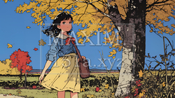 紅葉の小径を歩く少女