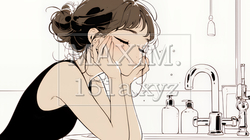洗面所で朝の洗顔をする女性（シンプルな色使い） | 1477551-16859