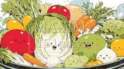 食べ物をかわいらしく擬人化：鍋に集合