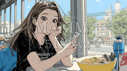 食事の最中もスマホを手放せない若い女性 | 1486227-12552