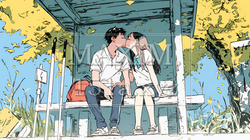 秋の紅葉の下でキスをしている若い恋人たち｜1551253-7946