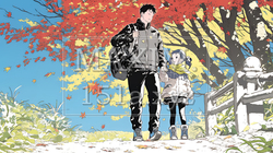 紅葉の小径を仲良く歩く少女と父親｜1498014-899