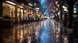 クリスマスシーズンの雨上がりのオフィス街のカフェ