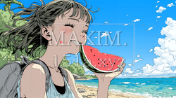 スイカを海辺て食べている若い女性 | 1498382-9881