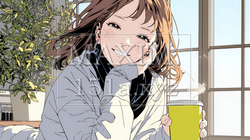 寒い冬、温かい飲み物を手にして、ふっと幸せそうに微笑む若い女性 | 1501666-15300