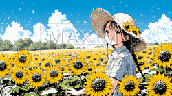 真夏の青空のもと、ヒマワリ畑を散策している若い女性｜1997918-10368