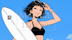 若い女性サーファーと夏のビーチの風景（シンプルな色使い）