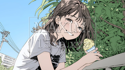 夏空の下でソフトクリーム（コーンに乗ったアイスクリーム）をたべる若い女性｜1548790-11358