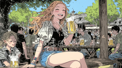 仲間とビアガーデンで大はしゃぎの若い女性