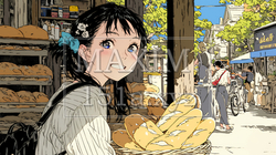 近所のパン屋で焼きたてパンを買う若い女性 | 1561237-16200