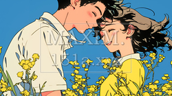菜の花畑でデートをしている若いカップル