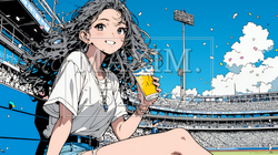 野球などの屋外スポーツを観戦しながら、ビールを楽しむ若い女性。 | 1563943-9548