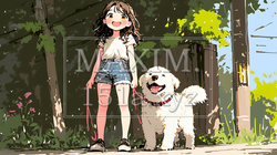 愛犬と散歩をしている女の子（クレヨン＋水彩画風）｜1418531-12865