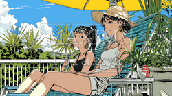 プールサイドのデッキチェアで談笑する女友達たち｜夏のリゾートで過ごすリラックスしたライフスタイルイメ | 157039-17624
