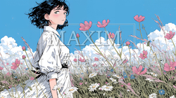 コスモス畑にいる若い女性 | 157801-5765