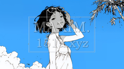 一人旅の若い女性と夏のビーチの風景（シンプルな色使い）