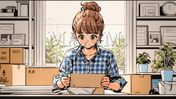 引っ越しの荷造り・荷解きをしている若い女性 | 1597381-14942