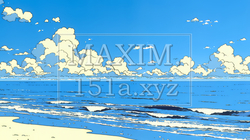 夏の青い空と青い海と白い雲のコントラスト