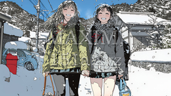 雪の日に友達と通学する女子高生