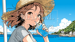 海辺の喫茶レストランで飲み物を飲んでいる若い女性 | 1604083-4983