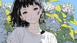 あじさいとカジュアルな服装の若い女性｜1628383-10184