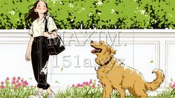 愛犬と散歩している若い女性（シンプルな色使い）｜1565917-10914