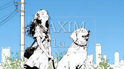愛犬と散歩している若い女性（シンプルな色使い）｜1609201-10869