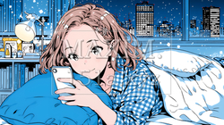 ベッドに横になってスマートフォンをいじくっている若い女性