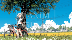 青空の下、自転車に乗る若い女性