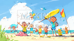 小学生の夏の思い出：海水浴（クレヨン＋水彩画風）