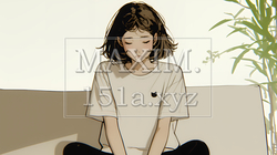 腹痛（生理痛）に苦しむ若い女性（シンプルな色使い） | 1629514-15165