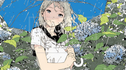 アジサイと梅雨の長雨と若い女性｜1691209-9219